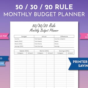 50-30-20 Budget Template Printable, Financial Freedom Cashflow Planner, Monthly Income Expense Worksheet, Personal Money Savings Tracker PDF