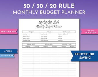 50-30-20 Budget Template Printable, Financial Freedom Cashflow Planner, Monthly Income Expense Worksheet, Personal Money Savings Tracker PDF