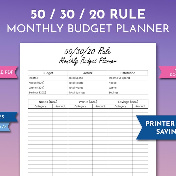 50-30-20 Budget Template Printable, Financial Freedom Cashflow Planner, Monthly Income Expense Worksheet, Personal Money Savings Tracker PDF