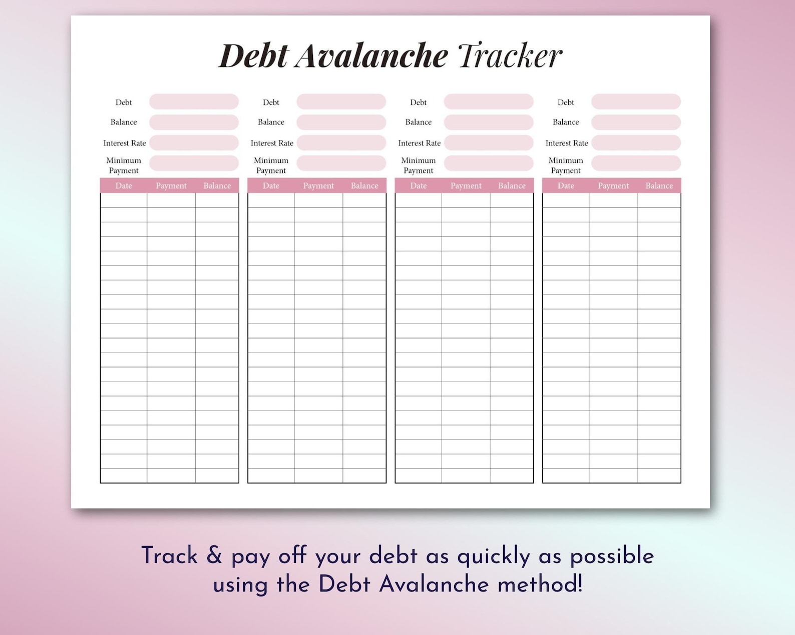 Debt Avalanche Tracker Printable Money Planner PDF Colorful