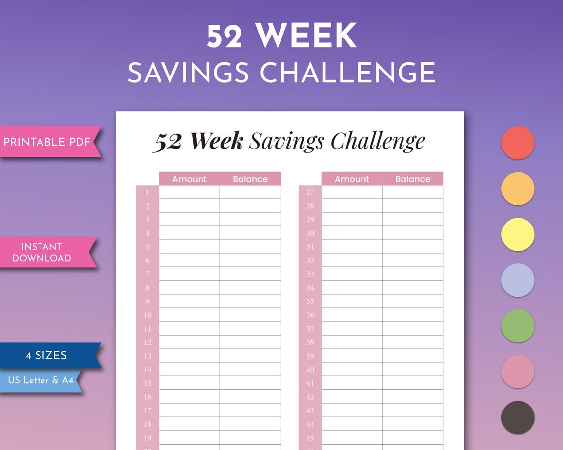 52 Week Savings Challenge Printable, Cash Bank Fund Tracking Log PDF ...