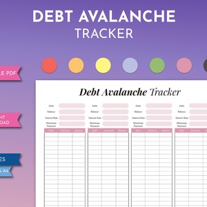 Rastreador de avalanchas de deuda imprimible, Planificador de dinero PDF, Hoja de trabajo de pago de deuda minimalista y colorida, Registro de liquidación de deuda de préstamos, Libertad financiera
