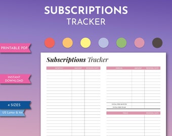 Subscriptions Tracker Printable, Regular Monthly Expenses Log, Yearly Membership Tracking Worksheet, Instant Download 5716011199a