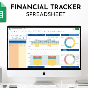 Puede incluir: Una pantalla de ordenador que muestra una hoja de cálculo de Google Sheets con el título "Financial Tracker Spreadsheet". La hoja de cálculo incluye un panel de control con gráficos y diagramas que muestran los ingresos, los gastos, el flujo de caja y el efectivo disponible.