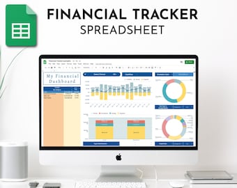 Może przedstawiać: Ekran komputera wyświetlający arkusz kalkulacyjny Google Sheets z tytułem "Financial Tracker Spreadsheet". Arkusz kalkulacyjny zawiera pulpit nawigacyjny z wykresami i diagramami przedstawiającymi dochody, wydatki, przepływy pieniężne i dostępne środki pieniężne.