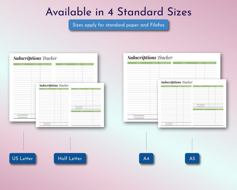Subscriptions Tracker Printable, Regular Monthly Expenses Log, Yearly ...