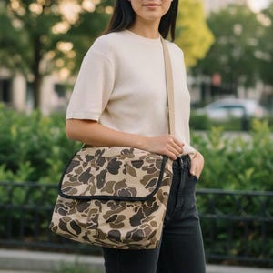 Camo Messenger Bag – Handmade from Upcycled Vintage Camouflage Pants, Rugged Crossbody Laptop & Everyday Bag