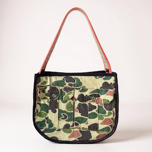 Handmade Camo Tote Bag: Upcycled Vintage Walls Camouflage with Pockets