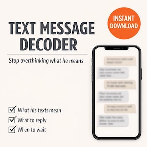 Puede incluir: Un anuncio de un "Decodificador de mensajes de texto" con un teléfono inteligente que muestra mensajes de texto. El texto dice "Deja de pensar demasiado en lo que quiere decir". Incluye "Qué significan sus textos", "Qué responder" y "Cuándo esperar".
