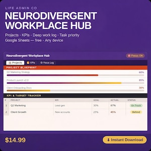 Neurodivergent Workplace Hub | ADHD Task Manager, Executive Function Support (Google Sheets)