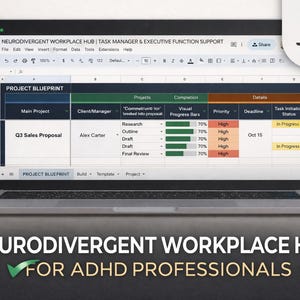 Neurodivergent arbetsplatshubb | ADHD-uppgiftshanterare, stöd för exekutiva funktioner (Google Sheets)