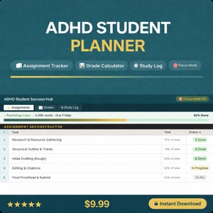 ADHD Student Planner Google Sheets | Assignment Tracker, Grade Calculator (Digital Download)