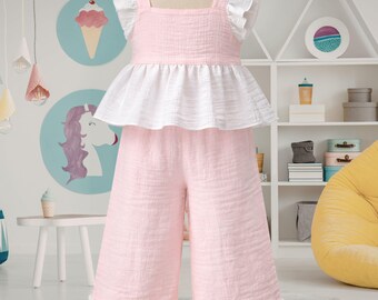 Miss Daisy Peplum Top Outfit Wide Leg Set, Spring Girl Clothes Boutique Set