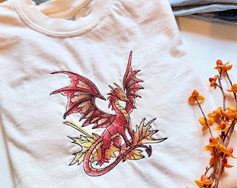 Autumn Leaves Dragon Embroidered Crewneck Tee | Floral Autumn Emrboidered T-Shirt