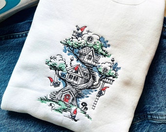 Gnome Tree House Embroidered Crewneck | Gnome Sweater | Gnome Gifts | Gnome Apparel