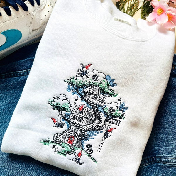 Gnome Tree House Embroidered Crewneck | Gnome Sweater | Gnome Gifts | Gnome Apparel