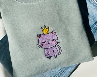 Princess Cat Embroidered Crewneck Sweatshirt | Cat Sweatshirt | Princess Sweatshirt | Gifts