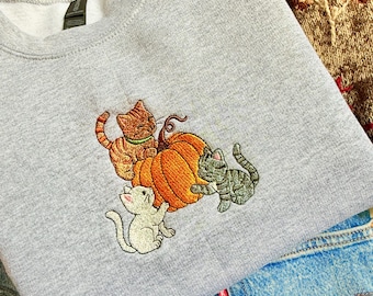 Fall Cats Embroidered Crewneck | Autumn Sweatshirt