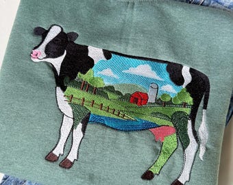 Farm Life Cow Embroidered Crewneck: Nature Sweatshirt