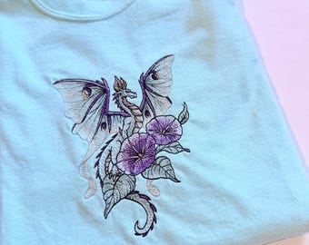 Luna Moth Floral Dragon Embroidered Crewneck Tee | Morning Glories T-Shirt