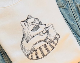 Coffee Sippin Raccoon Embroidered Crewneck | Coffee Crewneck | Gifts for Coffee Lovers | Coffee Sweatshirts | Raccoon Crewneck |