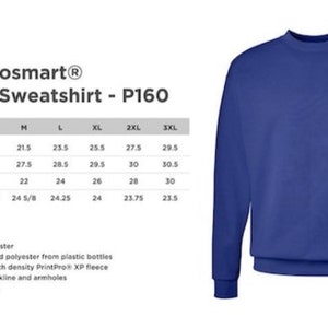 May include: A blue crewneck sweatshirt with the text "Hanes - Ecosmart&reg; Crewneck Sweatshirt - P160" and a size chart with measurements in inches.