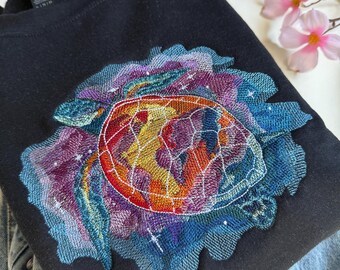 Galaxy Sea Turtle Embroidered Crewneck: Space Cotton Sweater