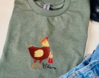 Chic-n Embroidered Crewneck Tee Shirt | Chicken Crewneck T-Shirt | Gifts for Chicken Lovers | Farm Apparel | Cottagecore |