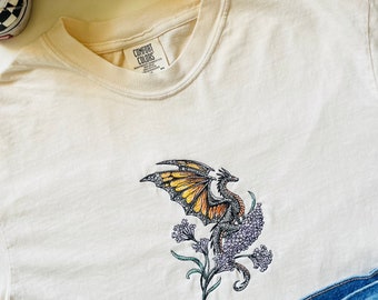 Monarch Butterfly Dragon Embroidered Crewneck Tee | Butterfly Crewneck T-Shirt
