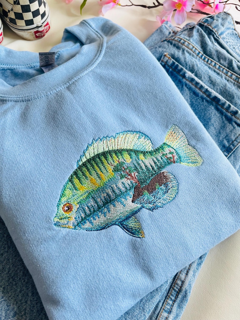 Fish Pattern Clothes Lakescape Fish Embroidered Crewneck Sweater - Etsy