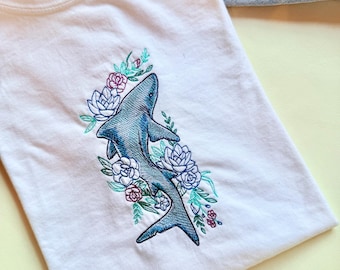 Shark Floral Embroidered Tee | Beach Tee