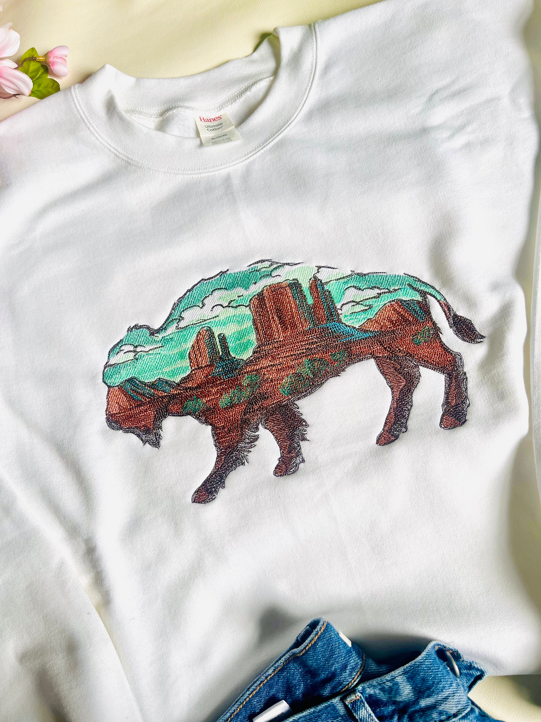 Western Skies Buffalo Embroidered Crewneck | Large Format