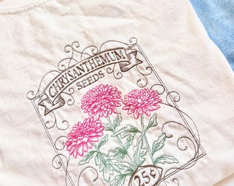 Embroidered Chrysanthemum Seeds Cotton T-Shirt - Nature Tee