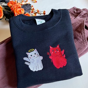 Angel and Devil Kitty Embroidered Crewneck | Cat Crewneck | Angel and Devil Sweatshirt | Halloween Crewneck |