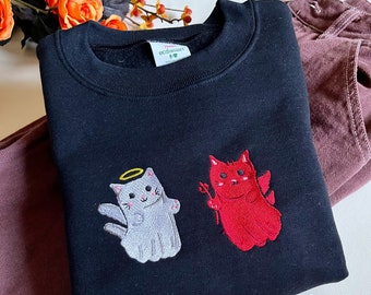 Angel and Devil Kitty Embroidered Crewneck | Cat Crewneck | Angel and Devil Sweatshirt | Halloween Crewneck |