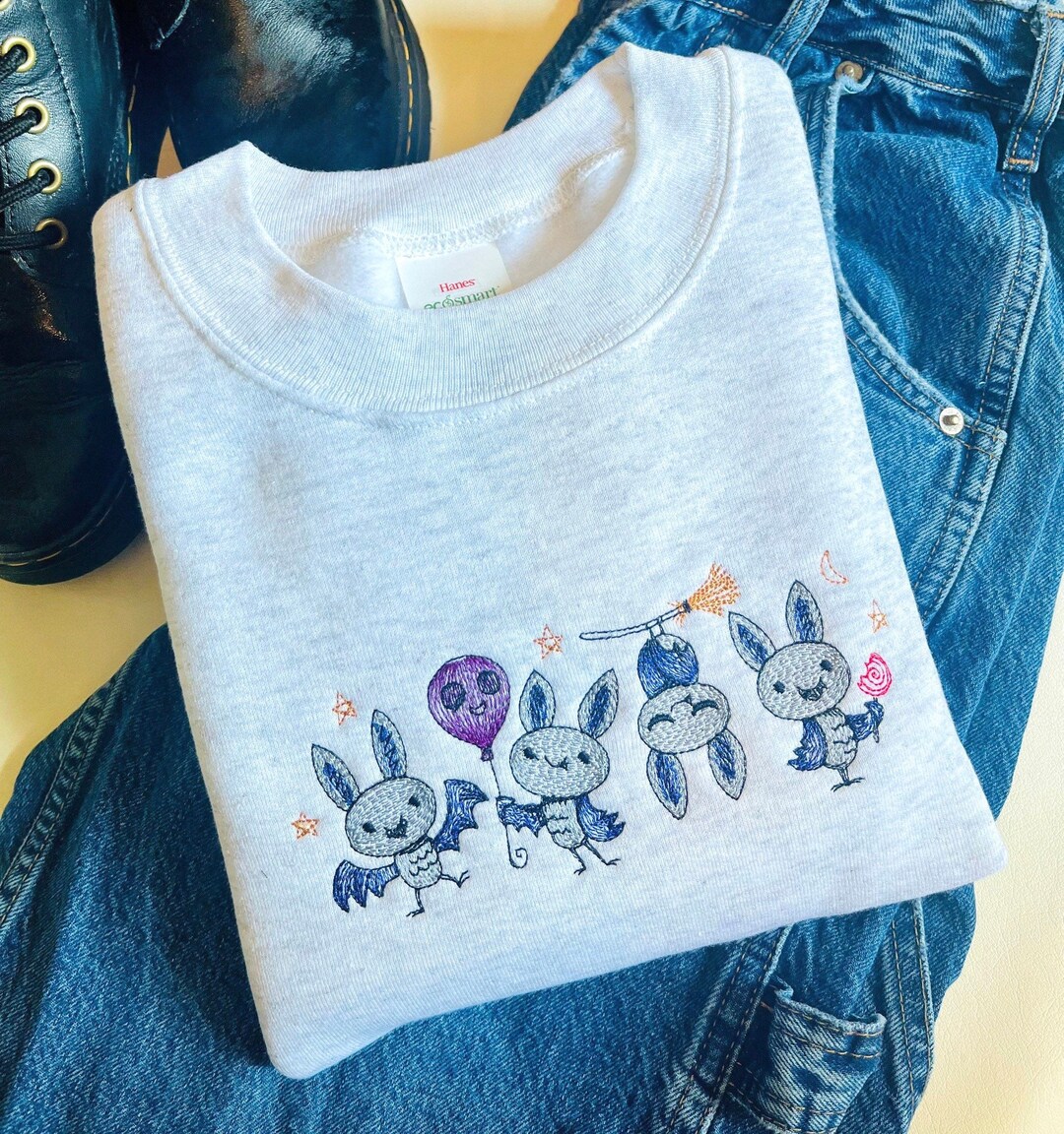 Spooky Party Bats Embroidered Crewneck Bat Crewneck Animal Sweatshirts