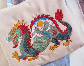 Chinese Dragon Mountain Scene Embroidered Crewneck