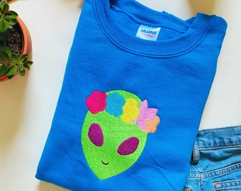 Floral Alien Embroidered Crewneck Sweatshirt