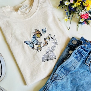Butterflies and Books Embroidered Tee | Butterfly T-Shirt