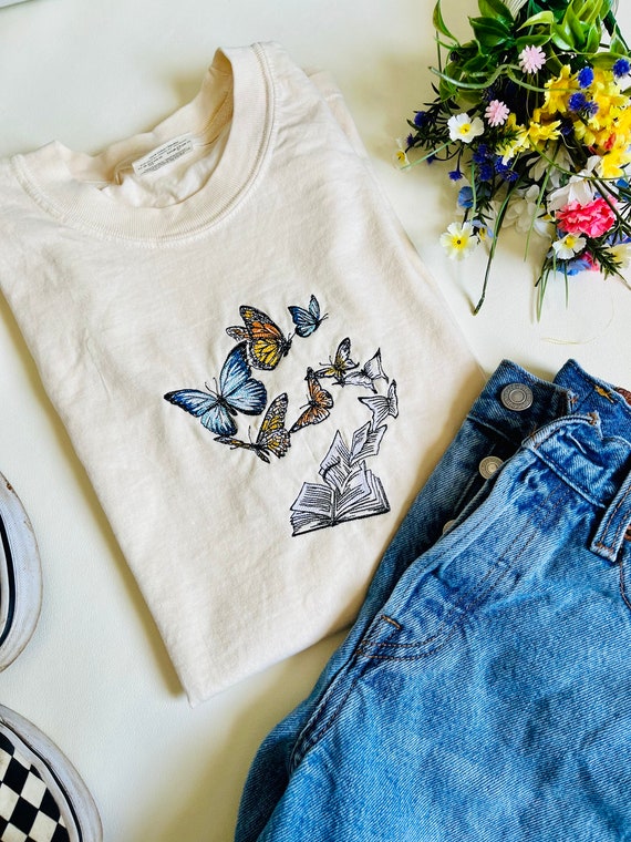 Butterflies and Books Embroidered Tee | Butterfly T-Shirt