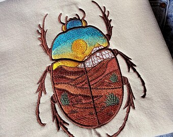 Scarab Egyptian Desert Scene Embroidered Crewneck: Nature Cotton Sweater