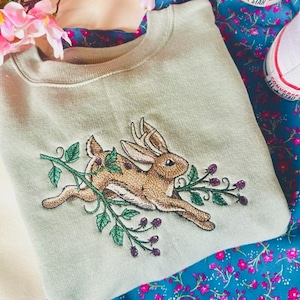 Woodland Enchantment Jackalope Embroidered Crewneck | Jackaloupe Crewneck | Blackberry Crewneck | Spring Apparel