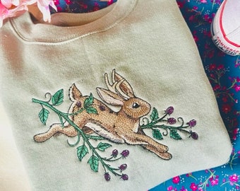 Woodland Enchantment Jackalope Embroidered Crewneck | Jackaloupe Crewneck | Blackberry Crewneck | Spring Apparel