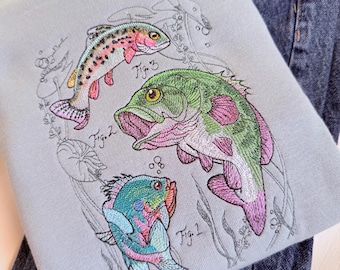 Fish Medley Embroidered Crewneck: Nature Cotton Sweater