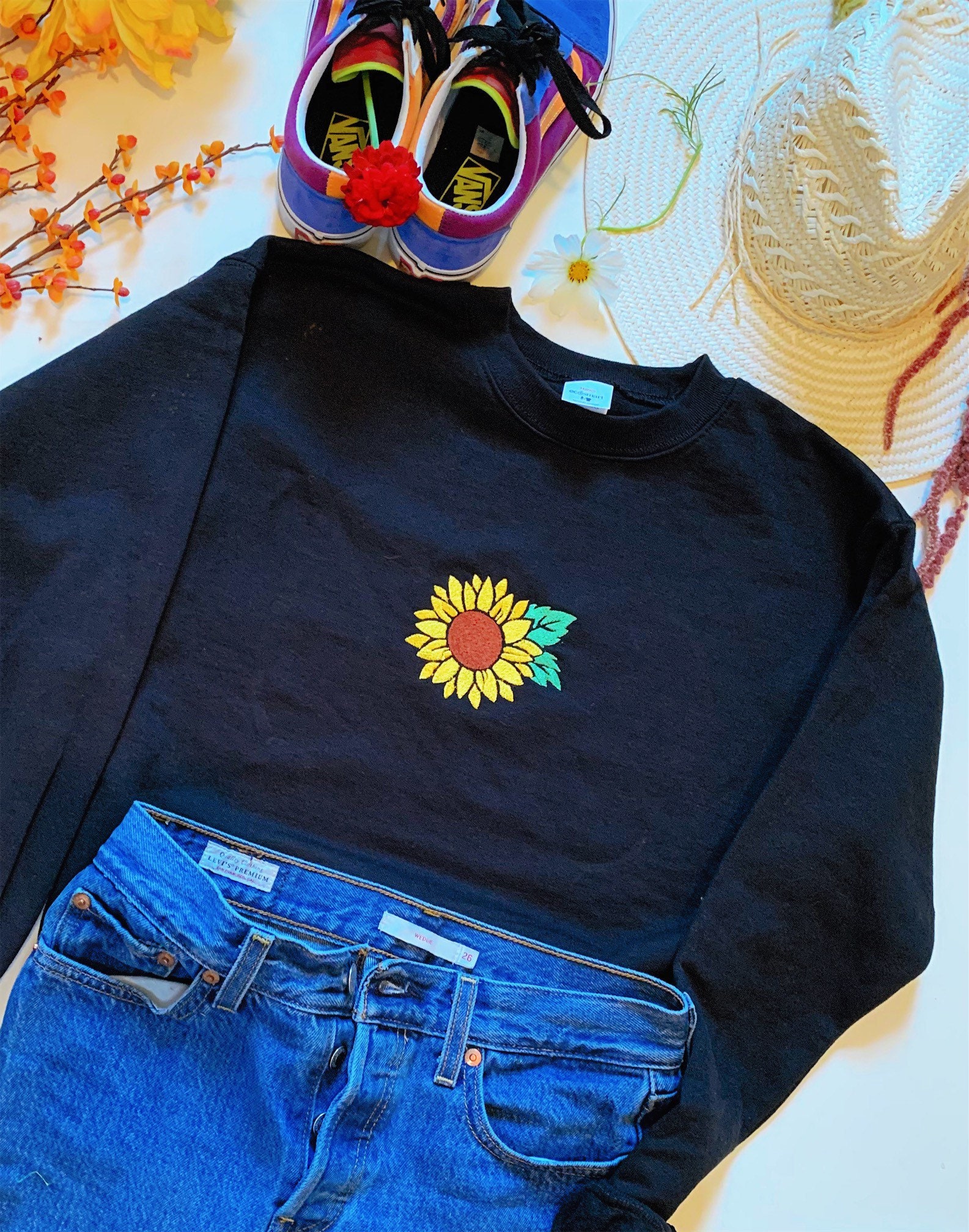 Sunflower Embroidered Crewneck Sweatshirt Etsy UK