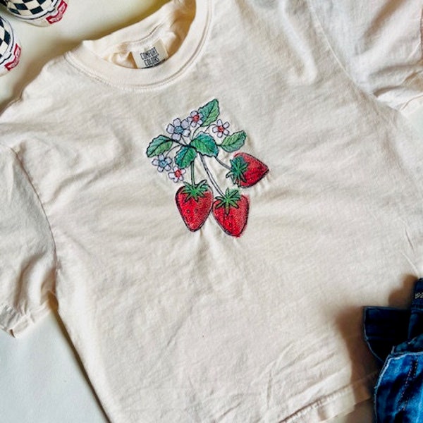 Strawberry Embroidered Midi Cropped Crewneck Tee