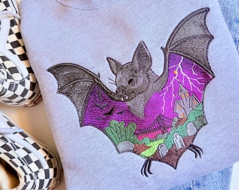 Spooky City Bat Embroidered Crewneck | Halloween Sweatshirt | Fall Crewneck