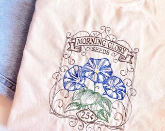 Morning Glory Seeds Embroidered T-Shirt: Nature Graphic Tee