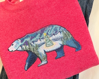 Polar Bear Christmas Scene Embroidered Crewneck: Nature Cotton Sweater