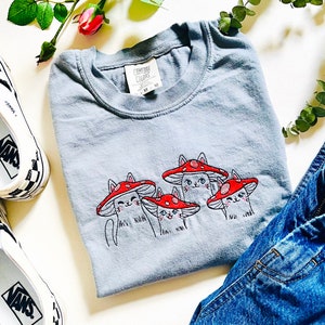 Mushroom Cat Embroidered Cotton Tee - Cat Lover Gift
